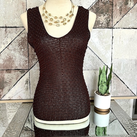 Sophie Chang Studio Women's Brown Sleeveless Mesh Knit Beaded Blouse Size Large - Picture 1 of 11